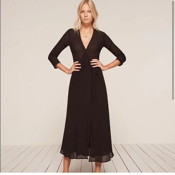 NEW • Reformation • Tessa Long Sleeve MIDI Wrap Dress Black XS Womens - Picture 1 of 5